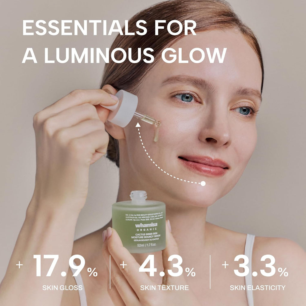 Whamisa Organic Cactus Bouncy Serum - 48H Inner Skin Moisture & 72H Hydration | Korean Facial Ampoule (52ml)