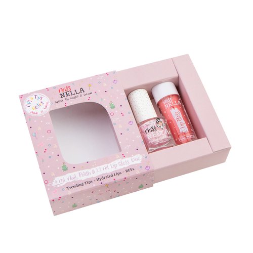 MISS NELLA Pink Secret Lips & Tips duo- Scented Lip Gloss + Glitter Nail Polish for Kids with Peel-off, Water Based & Odour Free Formula