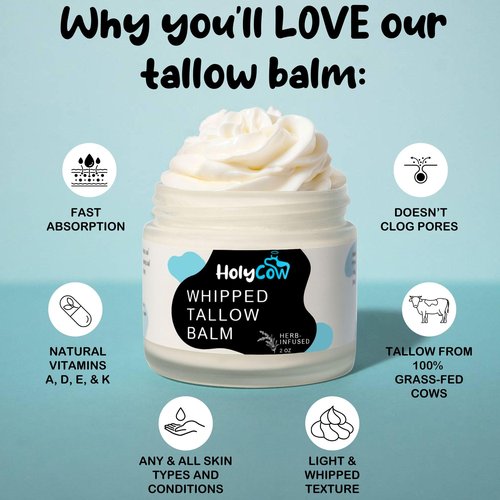 HolyCow Beef Tallow For Skin - Whipped Tallow Balm with Organic Jojoba Oil (Unscented/Herb-Infused), Grass Fed Beef Tallow Face Moisturizer for Eczema, Baby, Lip Balm - Lotion For Extremely Dry Skin