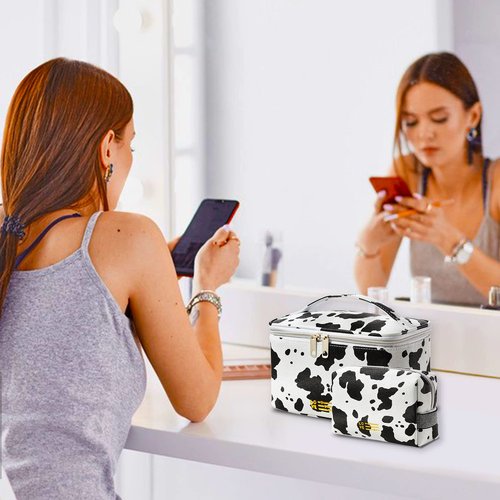 UOIXPUHUO Makeup Bag Cow Print Set of 2, Portable Cosmetic Bags Travel Toiletry Bag with Handle and Divider, Waterproof PU Leather Make Up Purse Pouch for Women Bathroom Girls