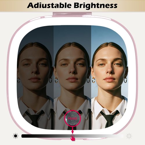 SmooEase Adjustable Brightness Compact Mirror, Lighted Travel Mirror with 1X/10X Magnifying,Double Sided,Mini Dimmable Portable for Handbag and Pocket, USB C Charging,for Girls Women(Pink)