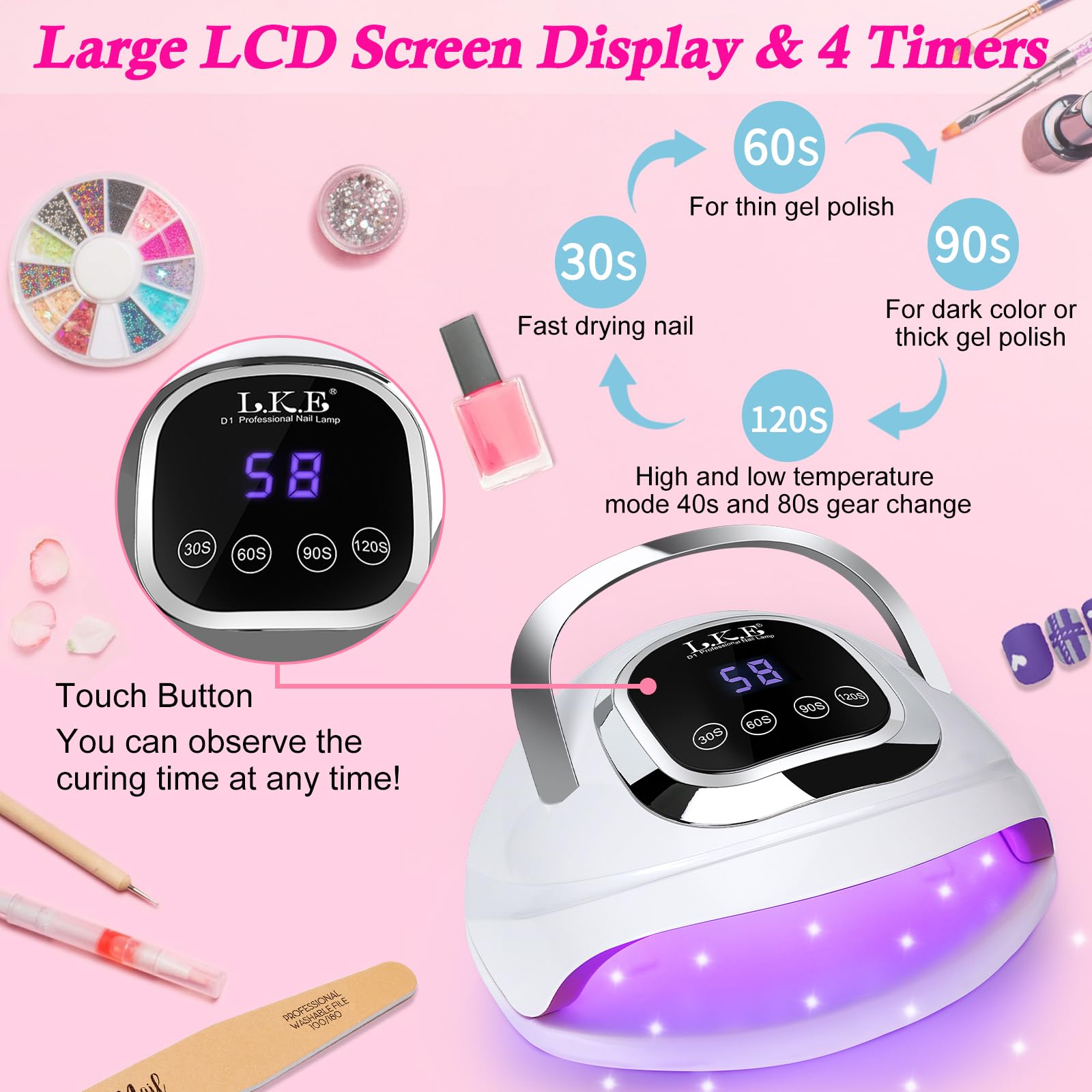 Wisdompark UV Nail Lamp 268W, UV Light for Gel Nails with 60pcs Beads, Professional LED Nail Lamp 4 Timers and Automatic Sensor Nail Dryer for Home Salon (Large)