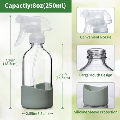 Skiennix 8oz Clear Glass Spray Bottle - Refillable, Leakproof Design for Cleaning, Hair, Plants & Oils | Eco-Friendly, Adjustable Nozzle