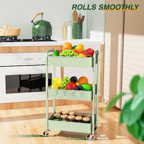 LEHOM 3-Tier Rolling Storage Cart - Metal Utility Trolley with Wheels & Hooks for Easy Organization