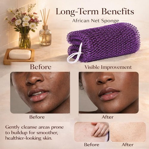 African Net Sponge Authentic, 3 Pieces African Exfoliating Net Sponge Body Back Scrubber Exfoliating Washcloth for Shower Bath for All Types Skin (Purple+Pink+Olive Green, 3 Pcs)