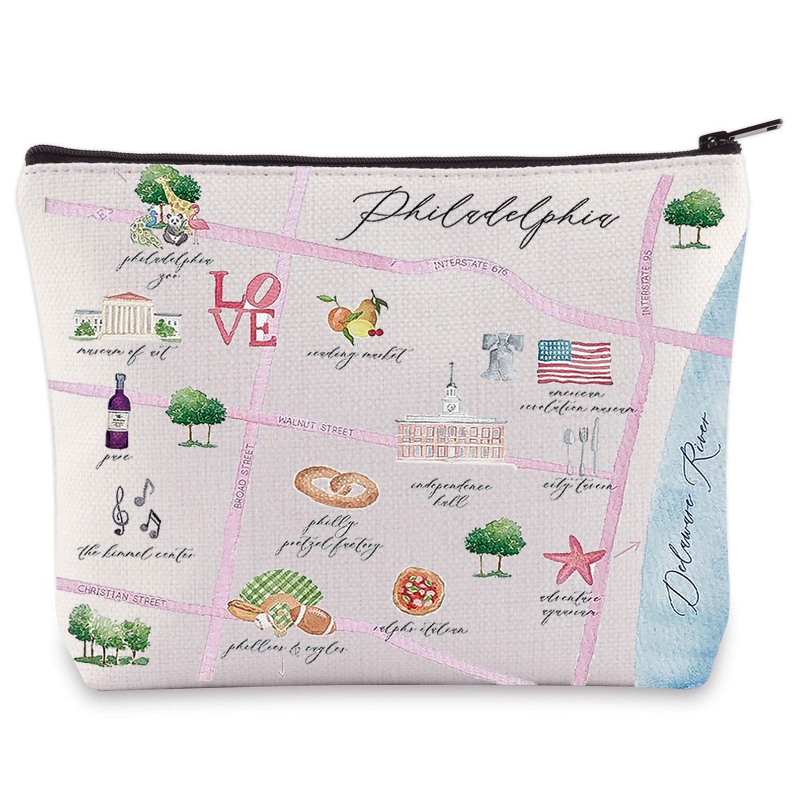 WZMPA Philadelphia City Map Cosmetic Bag - Travel Souvenir Gift - Long Distance Relationship Makeup Zipper Pouch