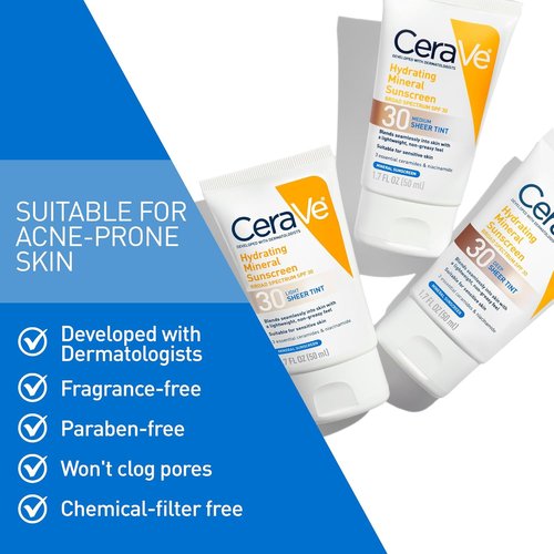 CeraVe Hydrating Mineral Sunscreen SPF 30 - Tinted Zinc Oxide Formula for a Healthy Glow | 1.7 Oz