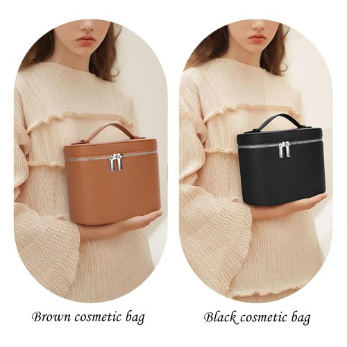 IEMIEBOAMGNOY Leather Make Up Bags With Compartments, Brown travel Cosmetic Bags for Women, Parallel Makeup Travel Bags Organizer Equipped With a Detachable Divider