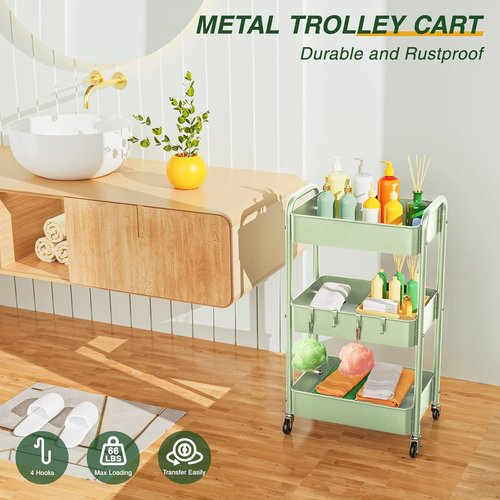 LEHOM 3-Tier Rolling Storage Cart - Metal Utility Trolley with Wheels & Hooks for Easy Organization
