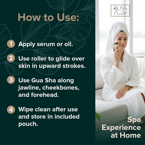 BlissFlow Jade Roller & Gua Sha Set – Natural Jade Face Roller for Puffiness, Wrinkles & Lifting – Cooling Facial Massage Tool for Glowing Skin, Stress Relief & Skincare Absorption