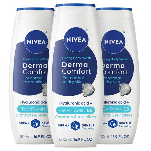NIVEA Derma Comfort Caring Body Wash for Normal to Dry Skin, Body Wash with Hyaluronic Acid and Provitamin B5, 16.9 Fl Oz Bottle, Pack of 3