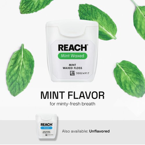 REACH Waxed Dental Floss, 2X More Value, Plaque Remover for Teeth, Shred Resistant, Floss Slides Smoothly, Easy to Use, Waxed, for Adults & Kids, Oral Care, PFAS Free, 3 Pack, 115 yd, Mint