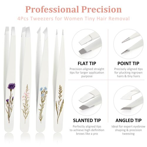 Personalized Tweezers Set for Women Facial Hair in Floral Travel Case, Small Self Care Inspirational Thoughtful Valentines Gifts for Her Friend, Eyebrow Ingrown Hair Splinter Removal Grooming Kit