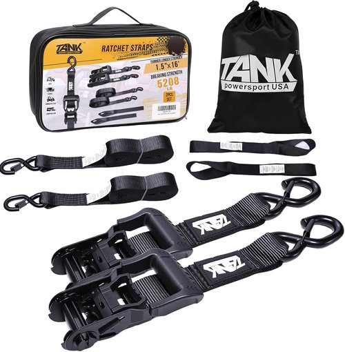 5208LB Heavy Duty Ratchet Straps - 1.5” x 16FT Tie Down Straps with Safety S Hooks for Trucks, Trailers, ATV - Black (2 Pack)