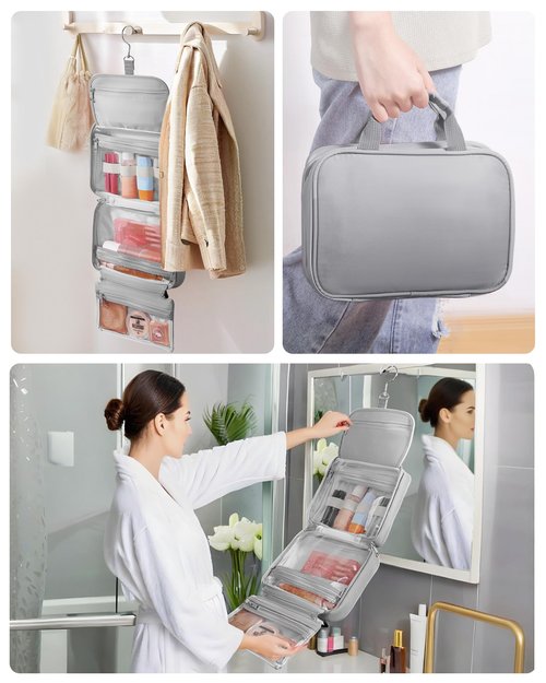 QULUXAO Toiletry Bag for Women & Men, Portable Hanging Makeup Bag/Cosmetic Bag with Compartments, Compact Travel Toiletry Bag Organizers (Grey)