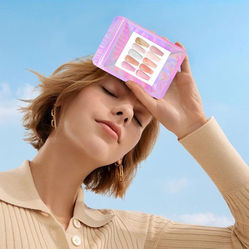 100PCS Press on Nail Packaging Bag and 100PCS White Cardboard Nail Tips Packaging Bags Empty Holographic Nail Storage Bags with 1 Roll Transparent Tape for Press on Nail Business (Pink, small)