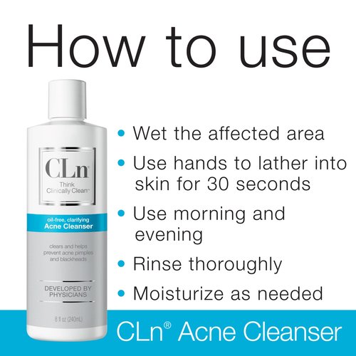 CLn® Acne Cleanser-The Only Cleanser with 0.5% Salicylic Acid Preserved with Sodium Hypochlorite for Clarifying Skin from Blackheads & Breakouts, Oil-Free & Fragrance-Free, 8 fl oz
