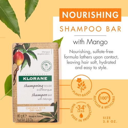 Klorane Nourishing Shampoo Bar - Mango Infused | 2.8 Oz for Soft, Hydrated Hair
