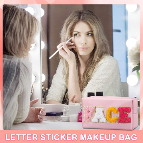 LYOOmaLL 4 Pcs Chenille Letter Preppy Patches Makeup Bag with Zipper PU Leather Waterproof Stoney Clover Makeup Bag Hair Skin Face Stuff Bag for Women, Girls