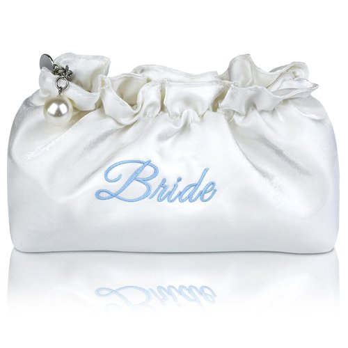 Lauusiusi Creamy White Satin Bride Cosmetic Bag Something Blue Embroidered Silk Makeup Bag Bling Pearl Bride To Be Purse for Bridal Shower Bachelorette Party Women Wedding Engagement Gift