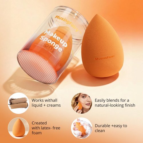 MusingFairy Makeup Blending Sponge with Travel-Friendly Acrylic Holder,Latex-Free Beauty Blender for Flawless Matte Finish, Easy to Clean,Orange 1 Pack