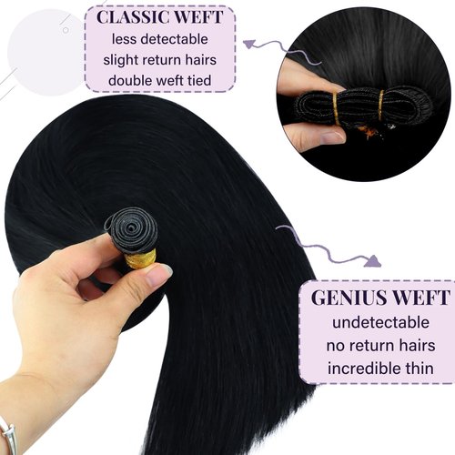 Fshine Genius Weft Real Human Hair Extensions Jet Black Sew in Human Extensions 18 Inch 50g Natural Genius Weft Hair Bundle One Piece
