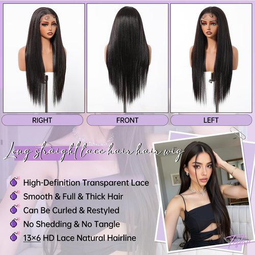 testar Black Lace Wigs 13x6 HD Lace Frontal Straight Wigs with Baby Hair 30 Inch Natural Black Lace Wig Synthetic Wig for Women Daily Use
