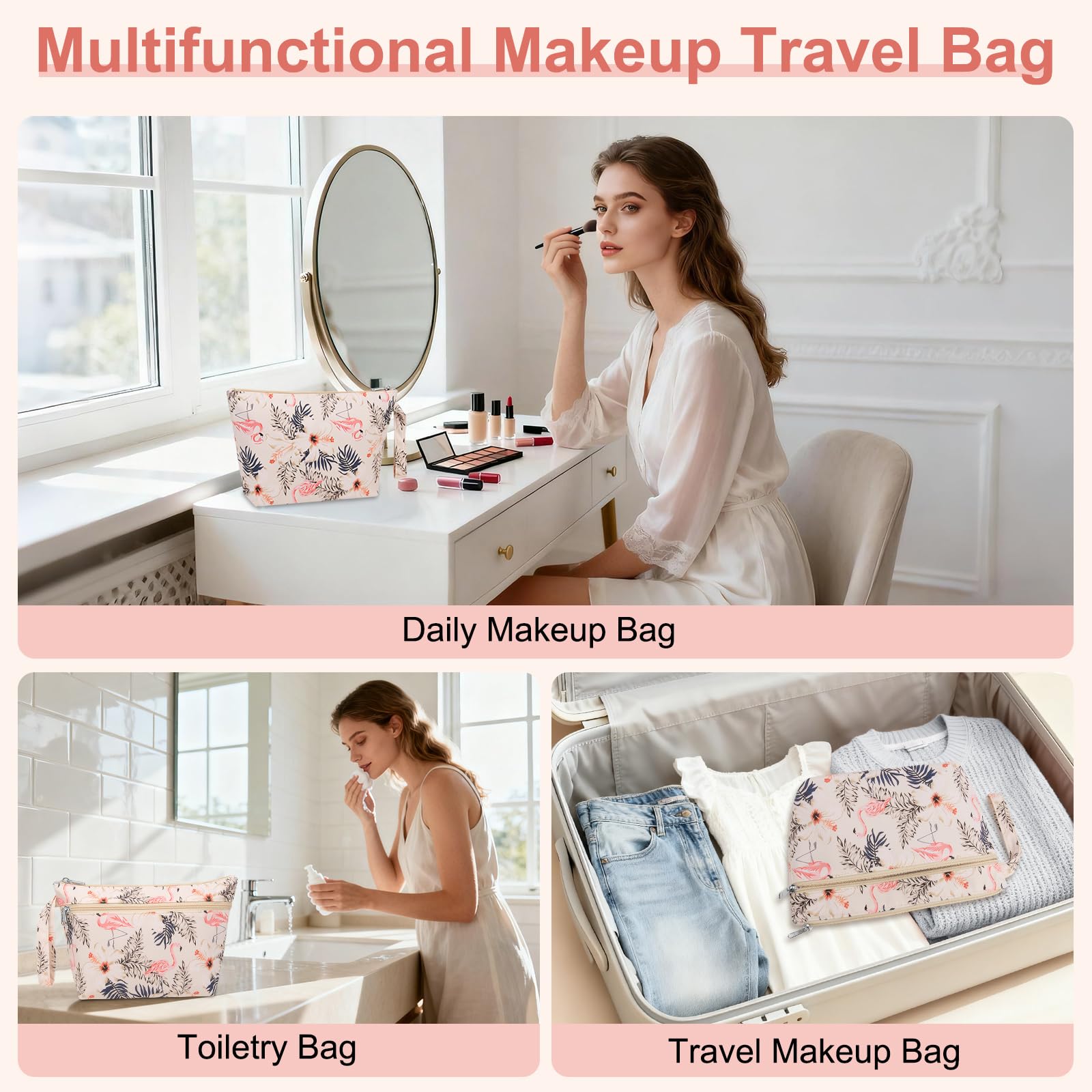 ZENTREON Makeup Bag for Purse Zipper Toiletry Travel Bag, Large Floral Cute Makeup Bag Tool Pouch Birthday Christmas Gifts for Women Girls Sister Friends, Make Up Bags with Dry-wet Compartment