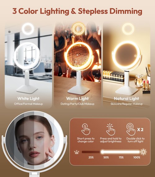 Glowtop Lighted Makeup Mirror with Lights, Height Adjustable 30X Magnifying Vanity Mirror with 4000mAh Rechargeable Battery & 3 Colors Dimming Light for Desktop Bathroom Bedroom