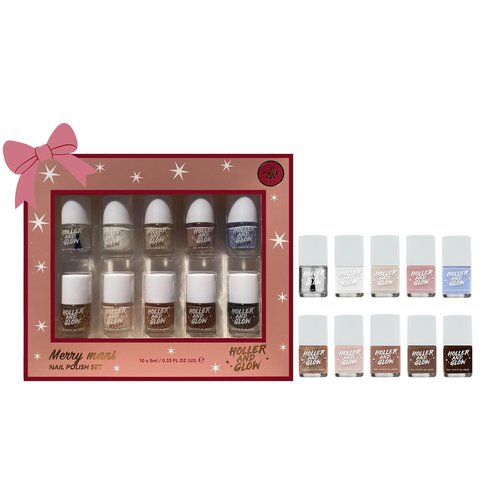 Holler And Glow Merry Mani Miniature Nail Polish Valentine's Gift, Mini Size, Limited Edition, Base Coat, Top Coat, High Shine Finish, Glossy, Long Wearing, Quick Dry, Fast Dry, Teens, 12 Piece Set