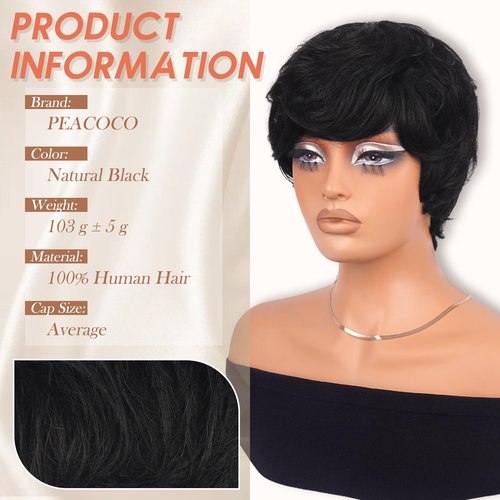 PEACOCO Short Pixie Cut Wig Human Hair for Black Women With Bangs Layered Wavy Wigs Glueless Human Hair Wear and Go Natural Black 1B