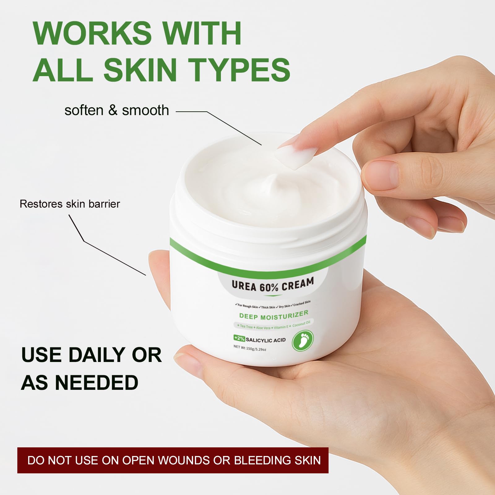 YAFUSIPE Urea Cream 60 Percent For Feet Maximum Strength Plus Salicylic Acid 2%, Tea Tree Foot Lotion For Dry Feet, Foot Cream Intensive Repair Foot Moisturizer 5.29oz