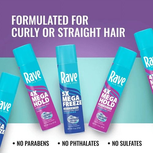 Rave 4X Mega Unscented Aerosol Hairspray - Humidity-Resistant Hold & Volume - 2-Pack