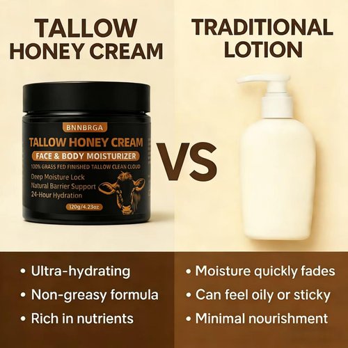 BNNBRGA Organic Grass-Fed Beef Tallow for Skin – Moisturizing Cream with Raw Honey, Handmade All-Natural, for Soft Smooth Skin （4 Oz ）