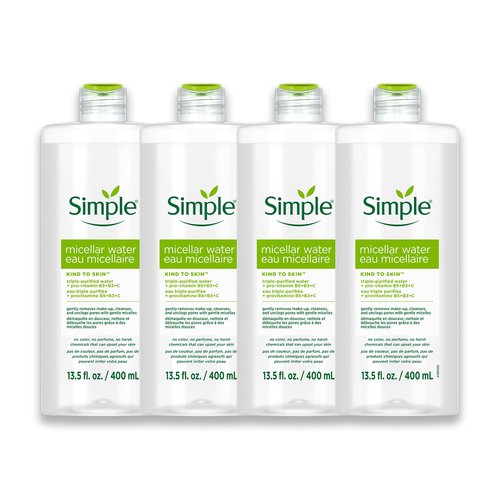 Simple Kind To Skin Micellar Water - Makeup Remover and Facial Cleanser - Face Cleanser with Pro-Vitamin B5, B3 and C - Vegan, No Perfumes - 4 pc