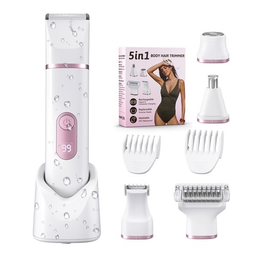 NPYXBR 5-in-1 Bikini Trimmer for Women: IPX7 Waterproof Electric Razor Shaver for Face, Pubic Area, Leg, Arm, Underarm, Nose, Rechargeable Body Hair Removal, LED Display, Ceramic Blade, Gifts for Her