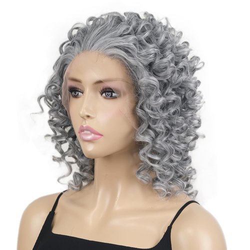 Onemliy Grey Lace Front Wigs Curly Synthetic Heat Resistant Fiber Hair Wig Silver Wigs for Women Daily Use
