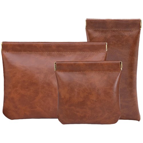 Hapforever 3PCS Pouchic Snap Closure Pouches, Pu Leather Small Makeup Bag for Purse Mini Cosmetic Bags for Travel Makeup Pouch Purse for Women Three Sizes Coin Purses Organizer Storage Pouch(Brown)