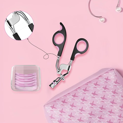 Eye Lash Curler with 6PCS Extra Replacement Strips, Whalrace Superior Curling Effect Eyelash Curlers, Easy & Comfortable to Grip and Use-Gpink