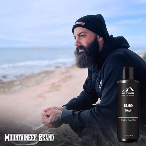 Mountaineer Brand Beard Wash For Men | 100% Natural Beard Shampoo | Thick Cleaning Softening Lather for Hair and Skin | Hydrate and Detangle | Grooming Treatment | Timber Scent 8oz