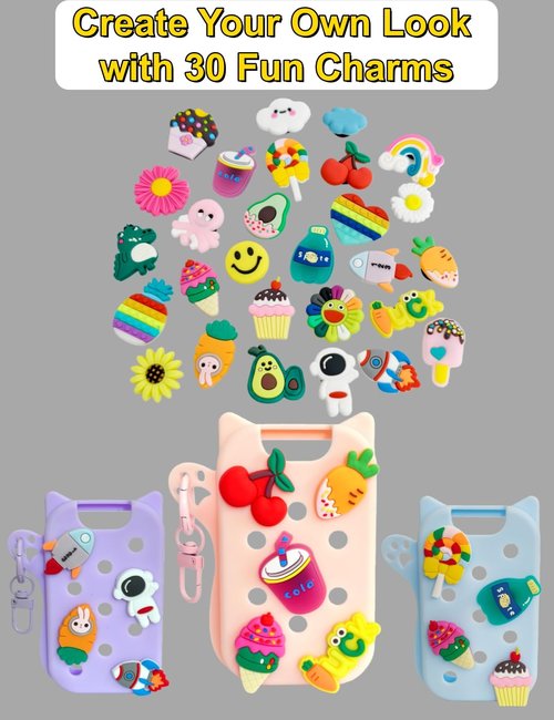 Frezonika Hand Sanitizer Case with 30 Charms for Touchland, Compatible with Power Mist 1 FL Oz/30ML, Croc-Style Touchland Holder (Cute Pink Food Charms)