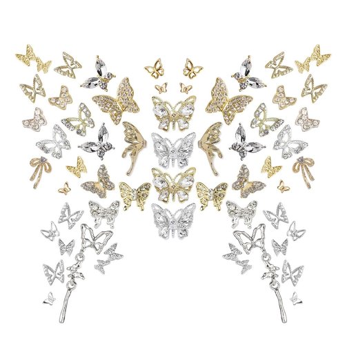 56Pcs Butterfly Nail Charms Crystals Diamonds Rhinestones, Metal 3D Alloy Light Golden Silver Butterflies Charms Shiny Gems Nails Art Decoration Supplies Accessories for Acrylic Nails DIY Manicure
