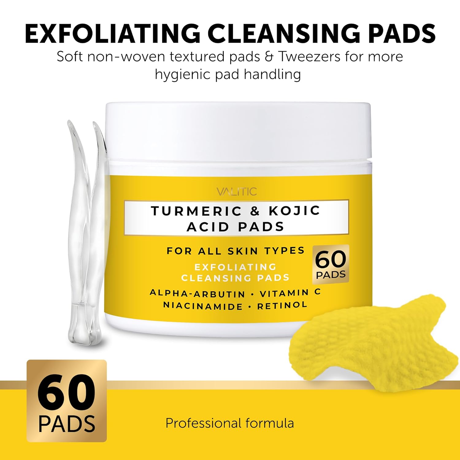 VALITIC Turmeric Kojic Acid Cleansing Pads - Exfoliating Dark Spot Remover with Vitamin C & Retinol - 60 Pads