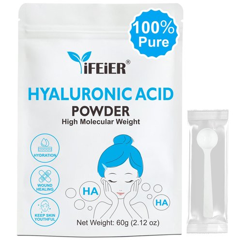 iFEiER Hyaluronic Acid Powder | High Molecular Weight Hyaluronic Acid Serum Powder | 60g(2.12oz) Cosmetics Grade | Sodium Hyaluronate HA | LMW HMW Hyaluronic Acid ingredient for DIY Serums