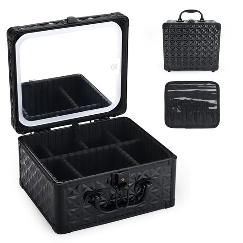 HAISKY Makeup Case, Travel Train Case with Magnetic LED Mirror, Waterproof Cosmetic Organizer with Adjustable Divider, 3 Color Mode - Sparkling Black