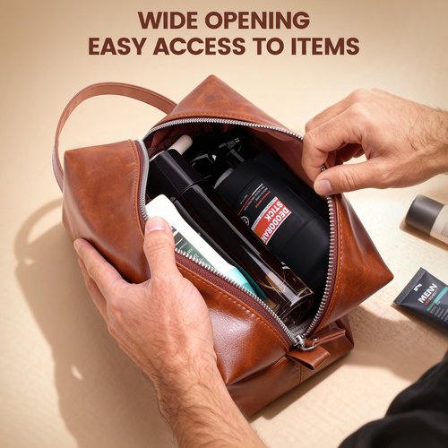 BagUrshion Toiletry Bag for Men,Mens Travel Toiletry Organizer,Personalized Men's Travel Essentials,Water Resistant PU Leather Shaving Bag for Dad Husband Boyfriend, Birthday Gifts for Him,Brown - M
