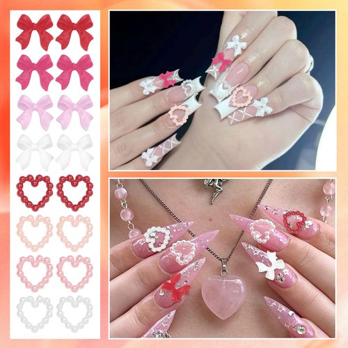 Pink 3D Nail Gems Charms Y2K, Silver Gold Cherry Bow Nail Charms, Heart Bowknot Nails Art Charms, Red White Pink Nail Bow Charms for Nail Art Design DIY with Tweezers