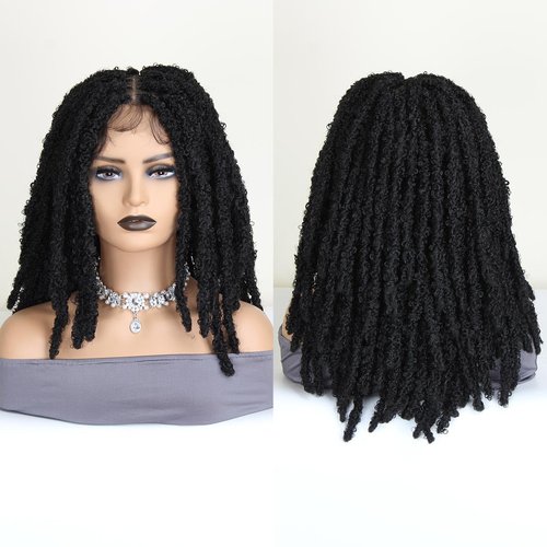 lounoke 18 inch Criss Cross Thick Butterfly Locs Wig Full Double Lace Knotless Popcorn Twist Locs Braided Wig for Women 3D Pop Butterfly Loc Twist Braids