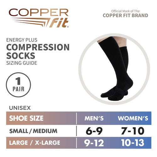 Copper Fit unisex adult Moisturizing Energy Plus Easy On Easy Off Knee High Compression Socks, Black, Small-Medium US (Pack of 2)