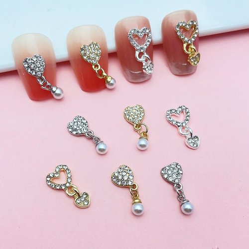 BJRSPGLS 40Pcs Heart Dangle Nail Charms Nail Rhinestones and Gems,Silver Gold Nail Jewels Charms Diamonds Stones for Nail Art,Valentines Love Star Dangling Nail Jewelry for Nails Design Variety